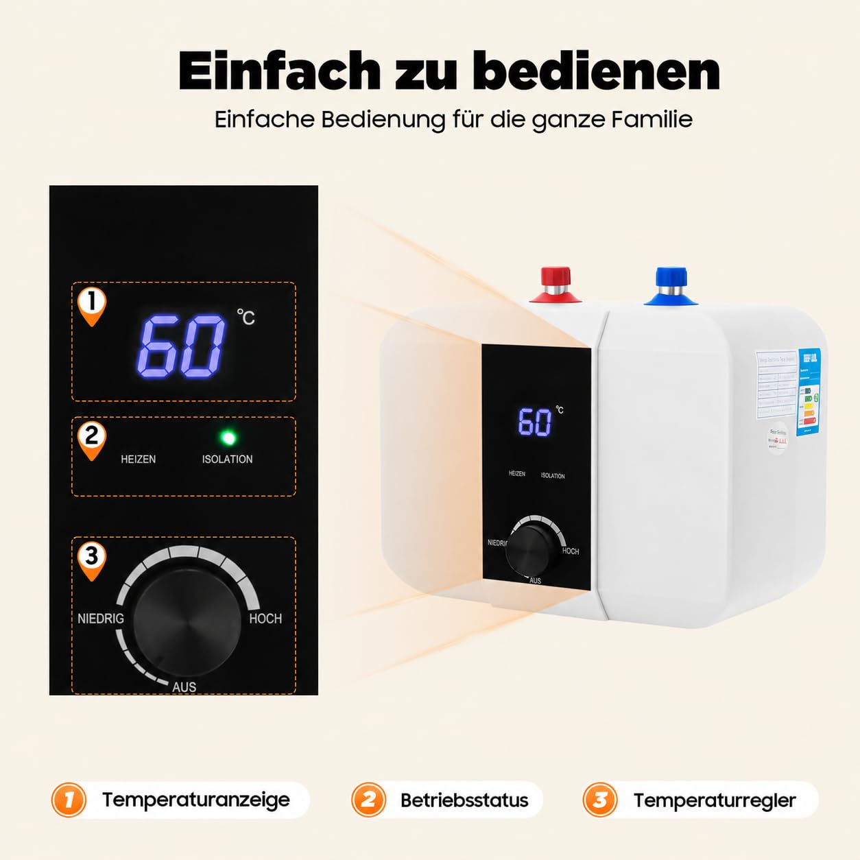 Warmwasserspeicher 6L Untertisch Boiler 1500W Kleiner Druckfester Warmwasserspeicher mit Thermostop-Funktion Untertischboiler 0-65℃ Einstellbarer Temperatur Einstellbar für Küche Bad (6L 33*23*24cm)