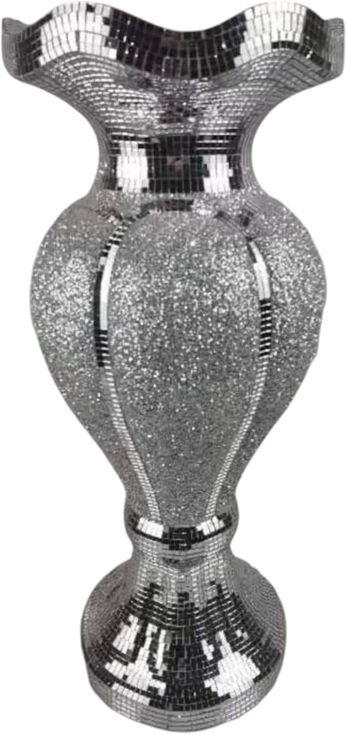 Silver Crushed Diamond Sparkly Floor Vase, Mirrored Mosaic Modern Flower Pot, Romany Italian-Style Venetian Luxury Decor Vase, – 60CM Tall