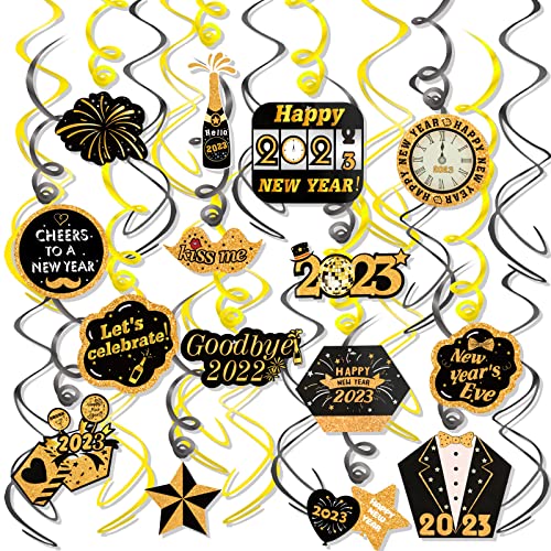 HOWAF 2023 Decoraciones para Fiestas de Fin de año, 30 Piezas año Nuevo decoración de Techo Colgante Remolino Adornos de espirales, Negro y Oro Nochevieja Decoracion 2023 de Fiestas Suministros Cover