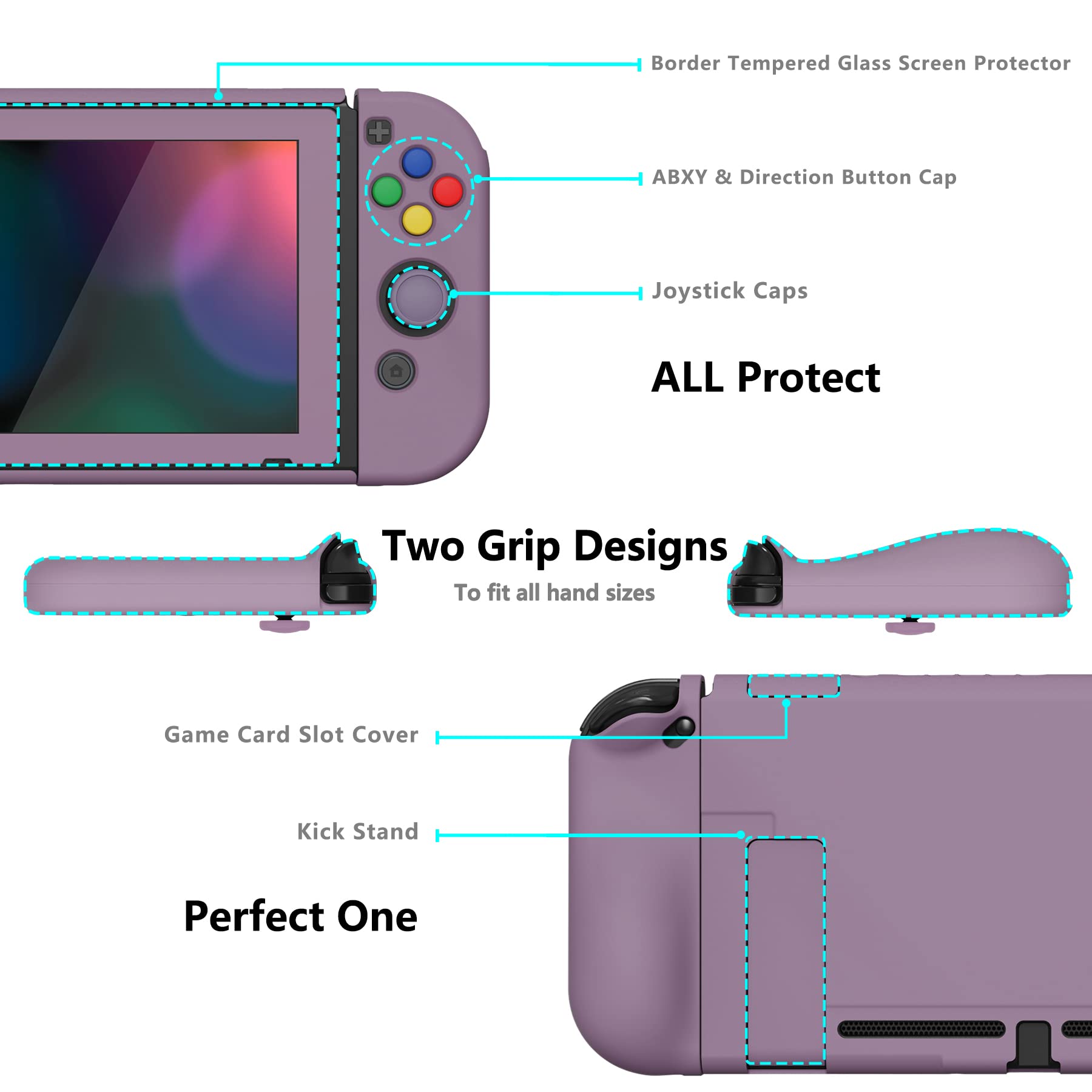 PlayVital Etui Ochronny do Nintendo Switch z Osłoną Ekran,Case Hard Shell do Switch,AlterGrips Ergonomiczna Protective Cover z Kciuka Caps&Caps Przycisków-Ciemnoszary Fiolet