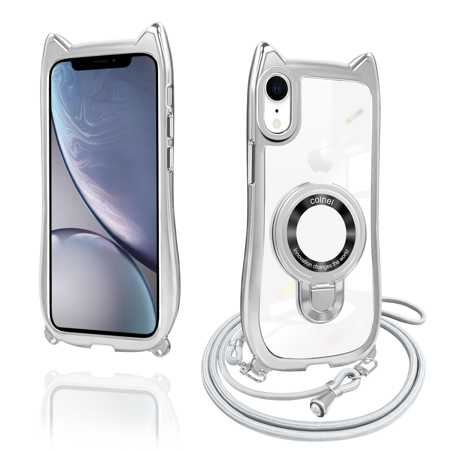 iPhone XR ケース クリア リング付き 猫耳 ネコミミ TPU MagSafe対応 ワイヤレス充電 iphone xr カバー 透明 アイフォンXR マホケース ネック ショルダー 肩掛け 首掛け 斜めがけ 紐付き 長さ調整可能 韓国 かわいいファッション 耐衝撃 多機能 マグネット搭載 縦横両対応 車載対応 薄型 軽量 軍MIL規格取得 落下防止（シルバー）