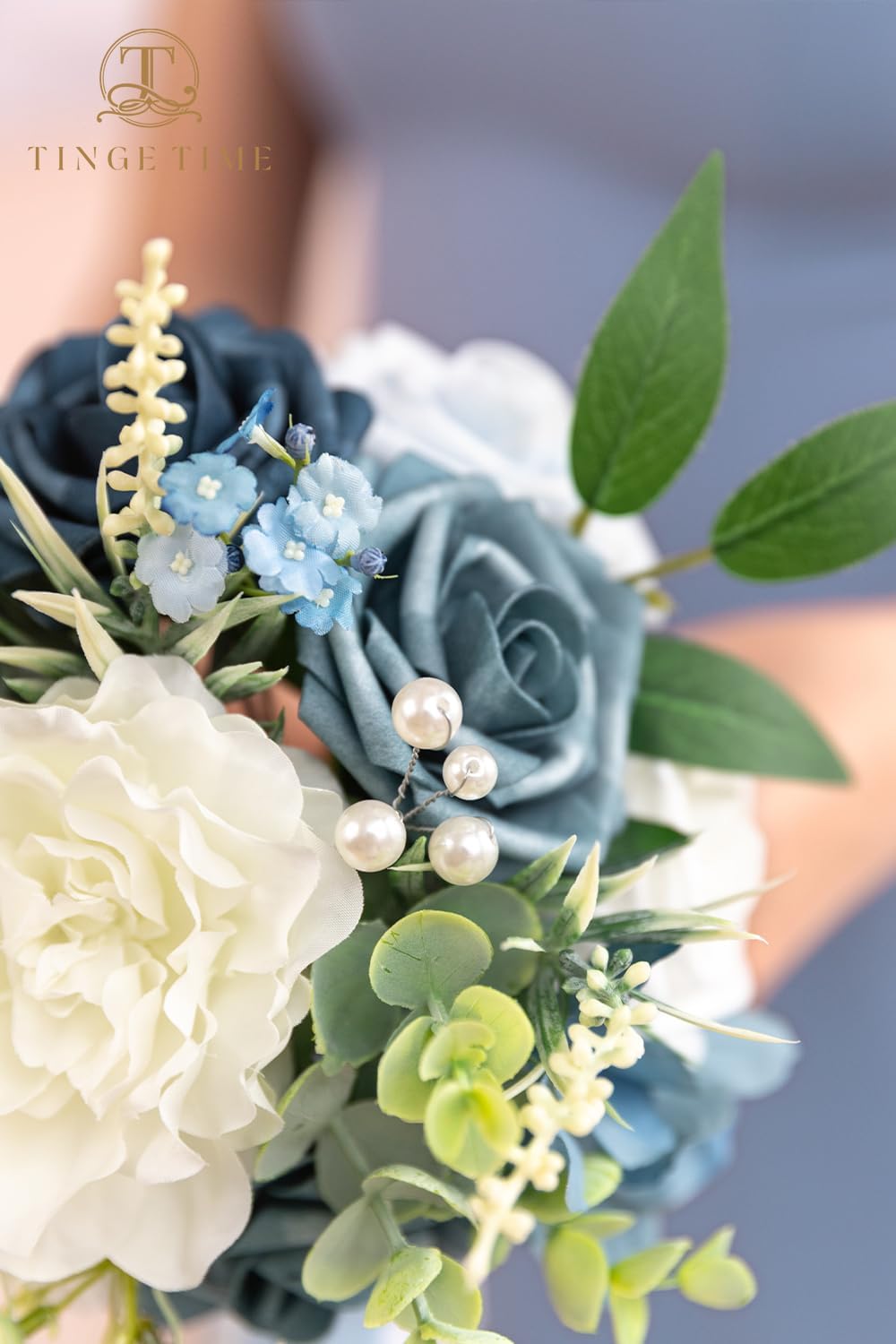 TINGE TIME 7 Inch Artificial Flowers Wedding Bouquets for Bridesmaid, Set of 4, Dusty Blue Bride Tossing Bouquet for Rustic Wedding Ceremony Bridal Shower Rehearsal Dinner Vintage Party
