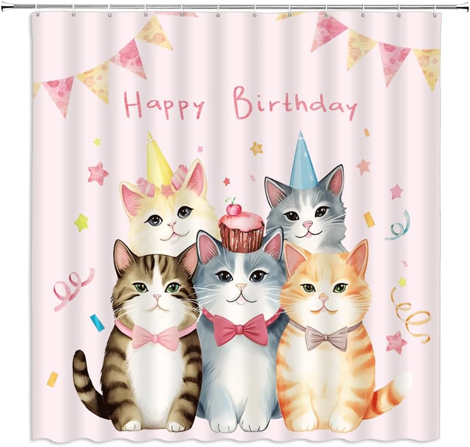 Happy Birthday Shower Curtain Cute Cartoon Cat Lovely Pet Cupcake Cone Hat Star Coloured Ribbon Celebration for Girls Woman Bathroom Decor Polyester Fabric Curtains with Hook 70Wx80H Inches