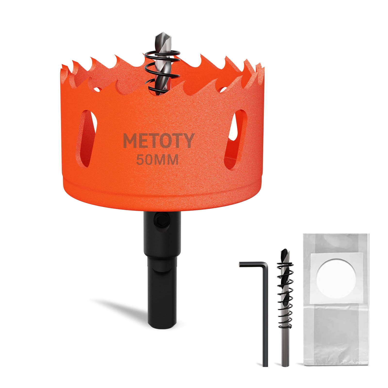 METOTY 50mm Bi-Metal Hole Saw,Universal HSS M42 Hole Saws,with Triangular Shaft Adapter and Centring Drill, One Free Dust Bag for Aluminum, Metals, Plastics, Acrylic Glass, Wood, Gypsum board