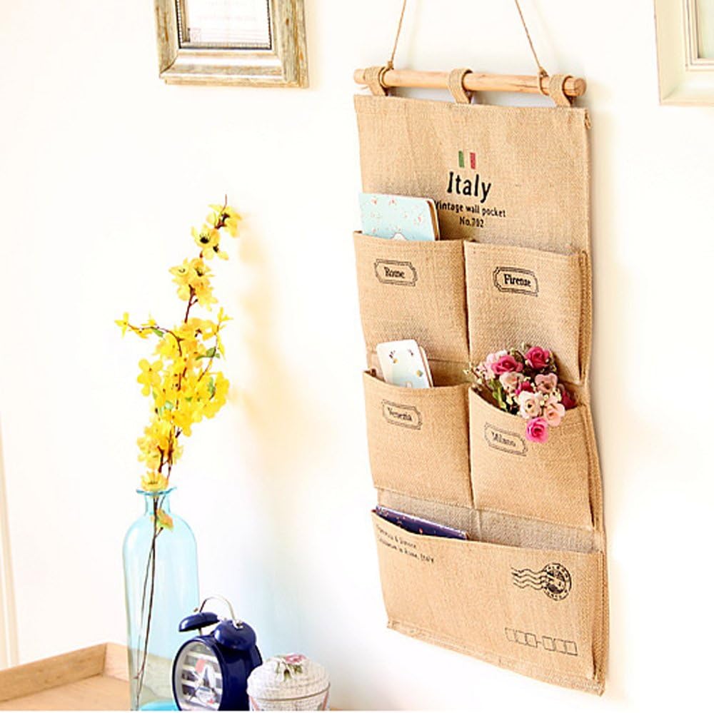 RUIHUI Linen Cotton Fabric Wall Mount/Over Door Cloth Hanging Storage Bag Case With 5 Pocket for Clutch Purses, Handbags, Scarves, Sunglasses and Envelope