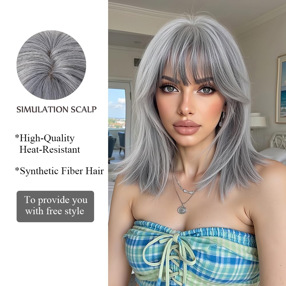OUFEI Gray White Bob Wigs for Women with Bangs Short Natural Straight Synthetic Hair Heat Resistant Wigs for Daily Party Cosplay Wear - Image 3