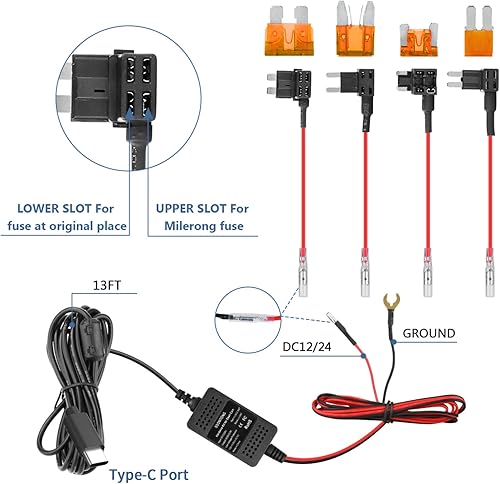 Miniatura 6 de Kit de cable duro mejorado para cámara de salpicadero, kit de cable duro USB tipo C de 12 V-24 V a 5 V, con protección de bajo voltaje, cargador de