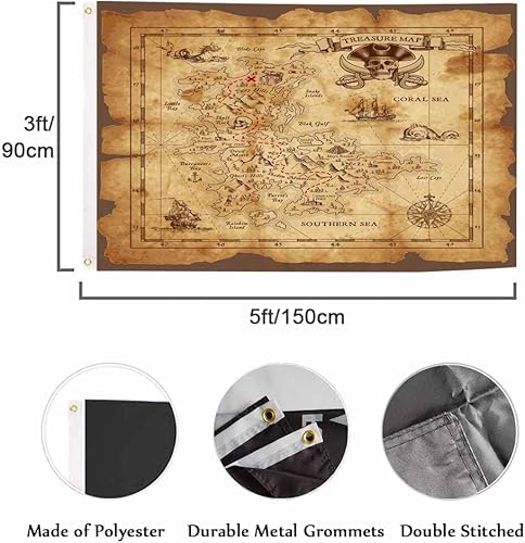 Miniatura 2 de Swono Bandera de pirata, pergamino, mapa del tesoro, cráneo, brújula, mar de coral, bandera de jardín al aire libre, bandera de interior para