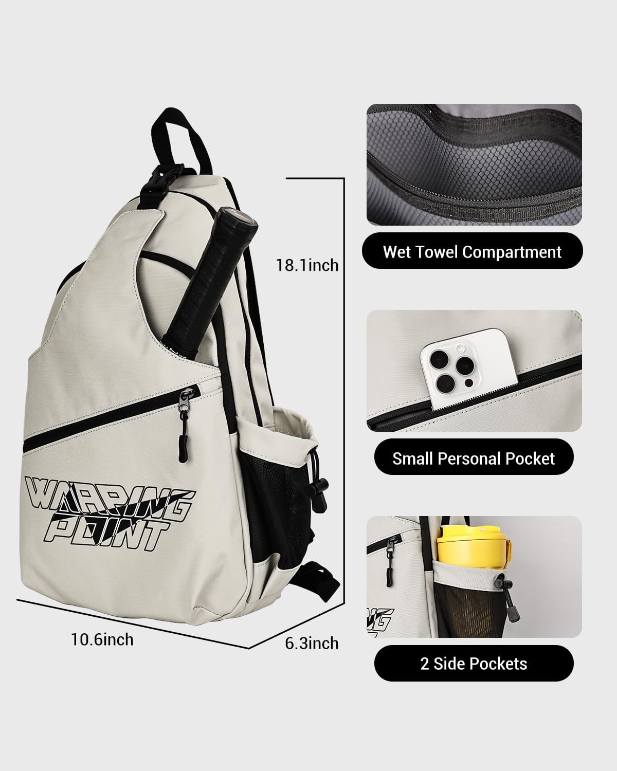 Warping Point Pickleball Bag, Adjustable Large Capacity Pickleball Crossbody Backpack for Women Men, Sling Padel Bag Hold 2 to 4 Paddles with Multiple Compartments, Wet & Safety Pocket Fence Hook - Image 2