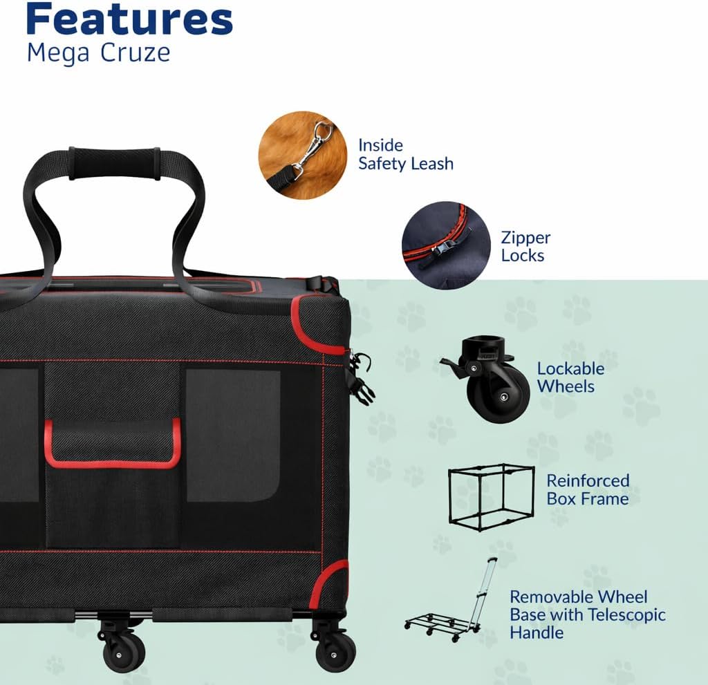 MegaCruze Rolling Pet Carrier for Medium & Large Dogs 25”x17”x20”. Lockable Wheels Zipper Locks Telescopic Handle Breathable Mesh, Removable Wheel Base, Stress-Free Travel Outdoor and Indoor