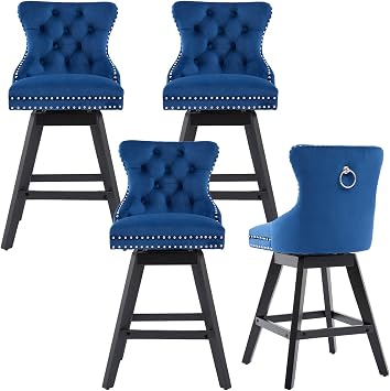 cinkehome Counter Height Swivel Bar Stools Set of 4, Velvet Upholstered Counter Bar Stools with Back, Bar Chairs with Solid Wood Legs for Kitchen Island Pub
