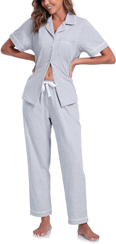 COLORFULLEAF Women&#x27;s 100% Cotton Pajamas Set Button Down Sleepwear Short Sleeve Shirt and Long Pants Soft Ladies Lounge Sets