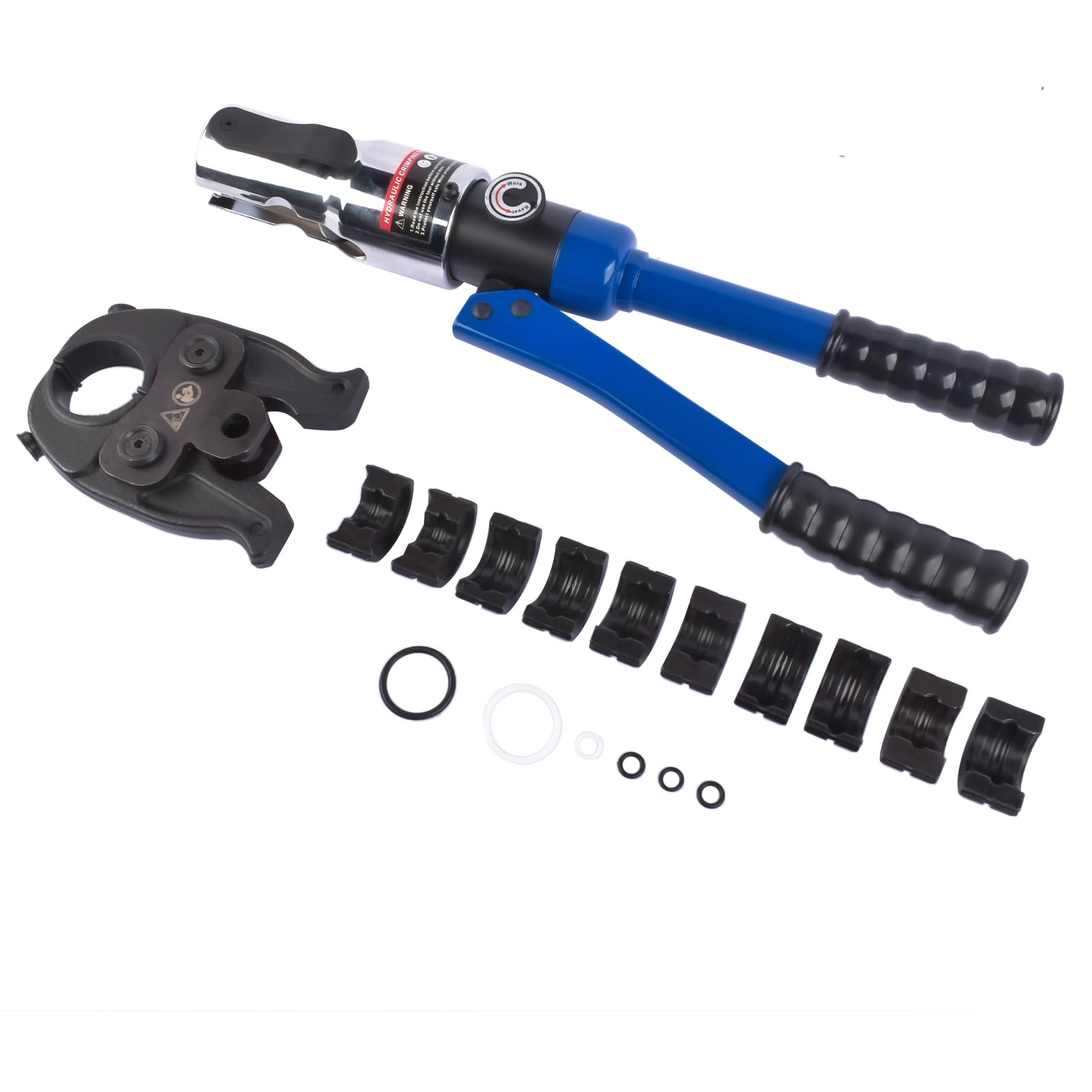 Profi Presszange V-Kontur (hydraulisch) 12-15-18-22-28 Set Presswerkzeug mit 360° drehbarem Kopf für Kupferrohr, Edelstahlrohr, Edelstahlrohr, Backeneinsätze V12, V15, V18, V22, V28, Blau