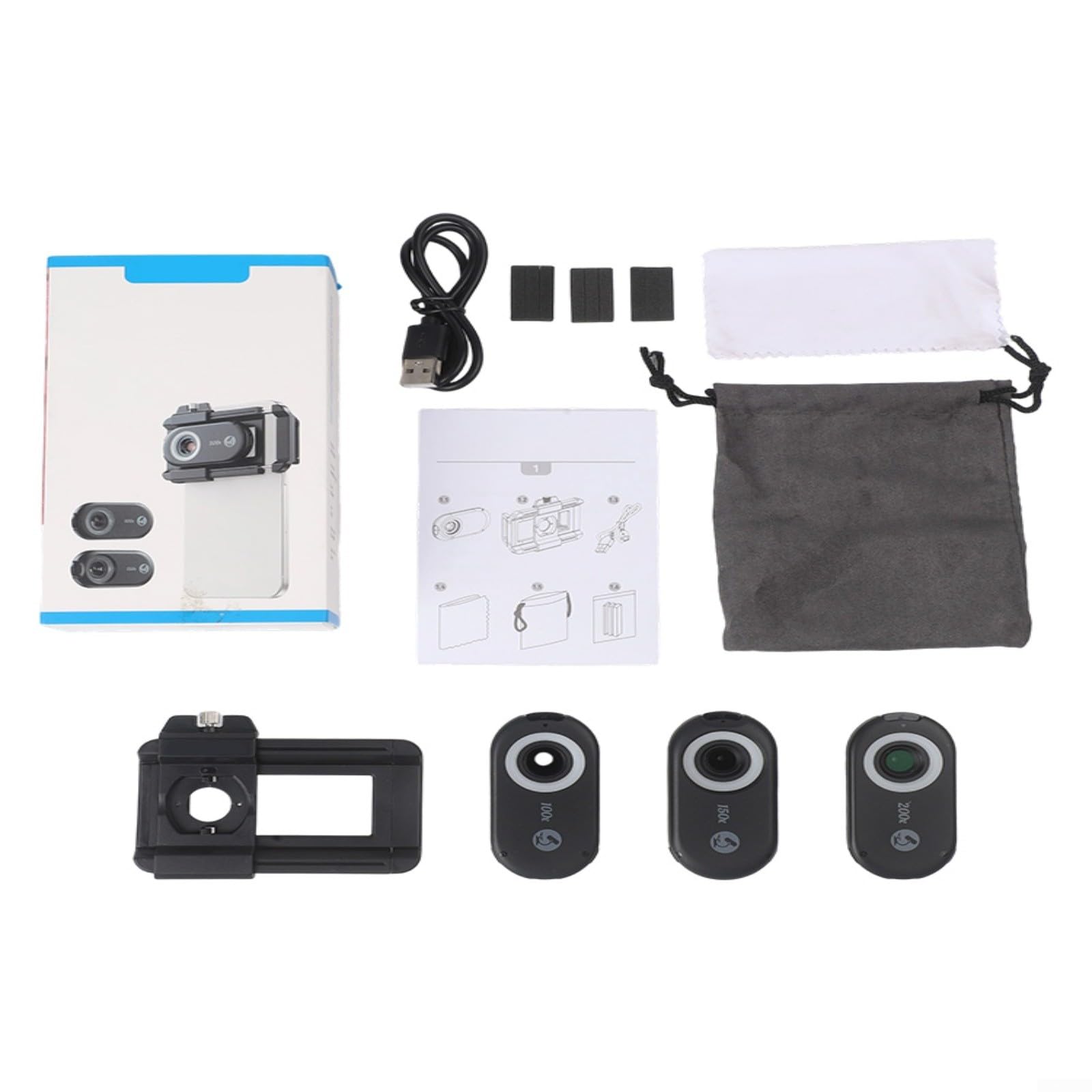 Lente del microscopio del teléfono móvil 200x con la luz UV del LED, aluminio 3-Mag Clip-On Macro para la inspección de reliquias de la joyería Negro