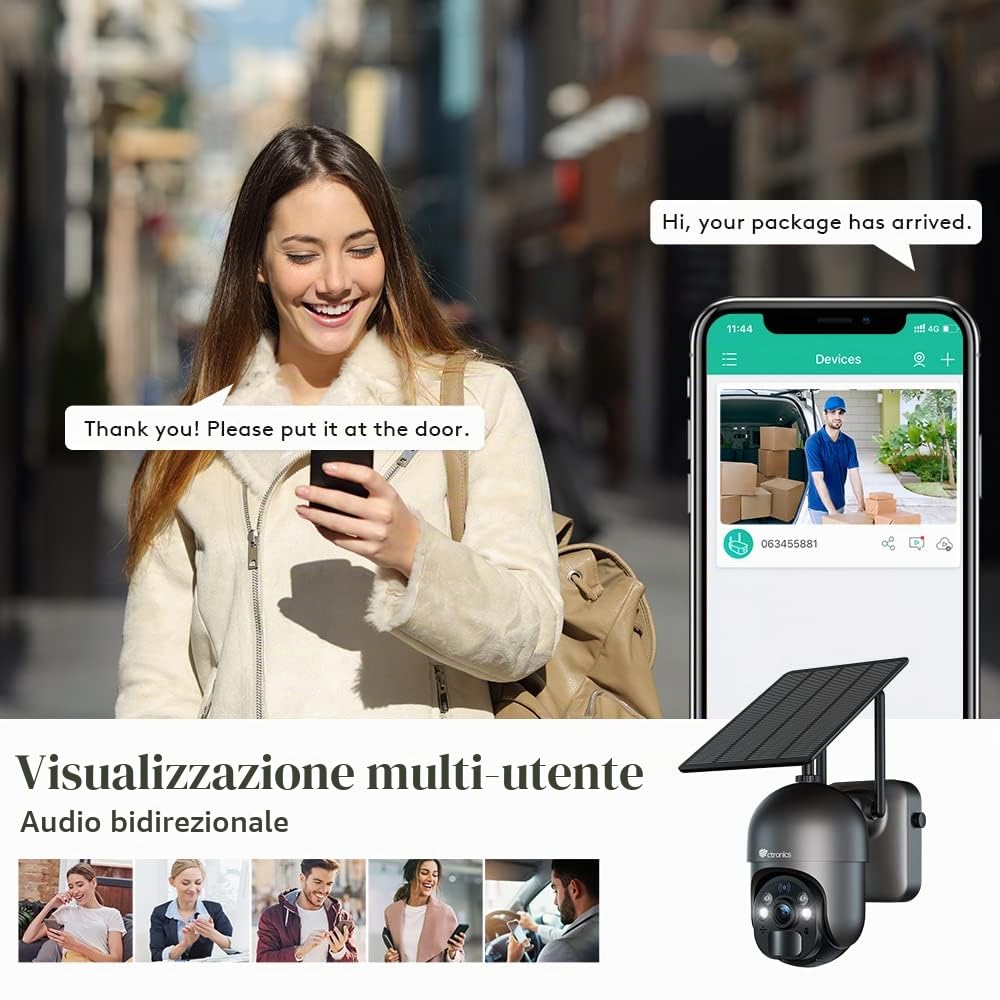 Ctronics 2.5K 4MP Telecamera Wi-fi Esterno con Pannello Solare | 2560 * 1440P, Batteria 355°/90° PTZ, Luce LED Visione Notturna a Colori, Rilevamento Umano PIR, IP66