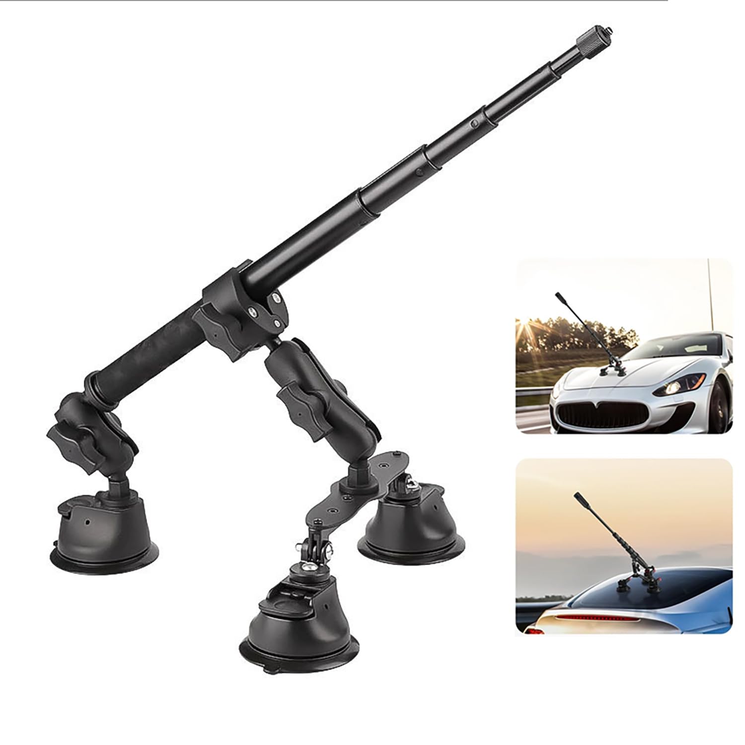 Juego De Soporte para Coche con Triple Ventosa,con Alargador/Selfie Stick 2 En 1 De 112 Cm,Adecuado para Insta360,Soporte De Triple Ventosa para Parabrisas y Ventanillas De Coche