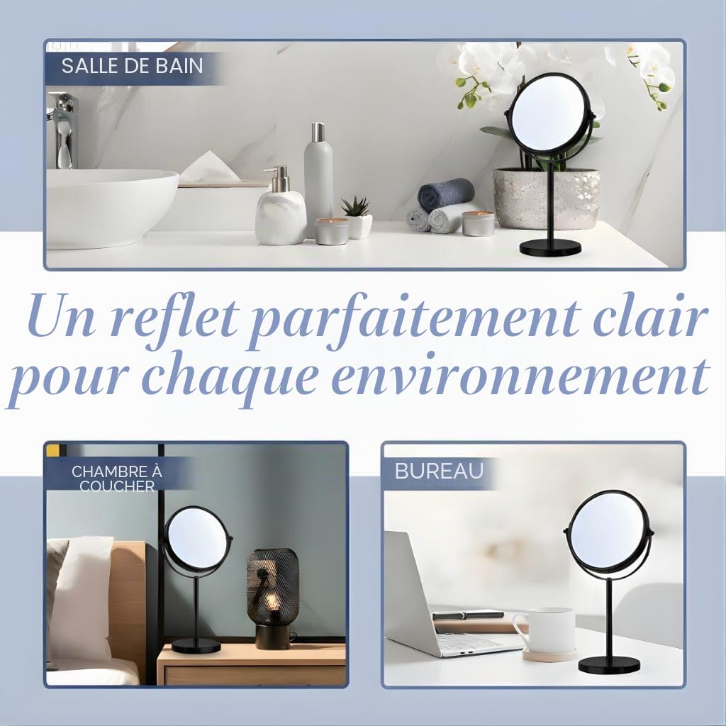 Mirrorvana Miroir de Maquillage grossissant 10x sur Pied pour Chambre et Salle de Bain Double Face 10x/1x 35 cm x 18 cm (Noir)