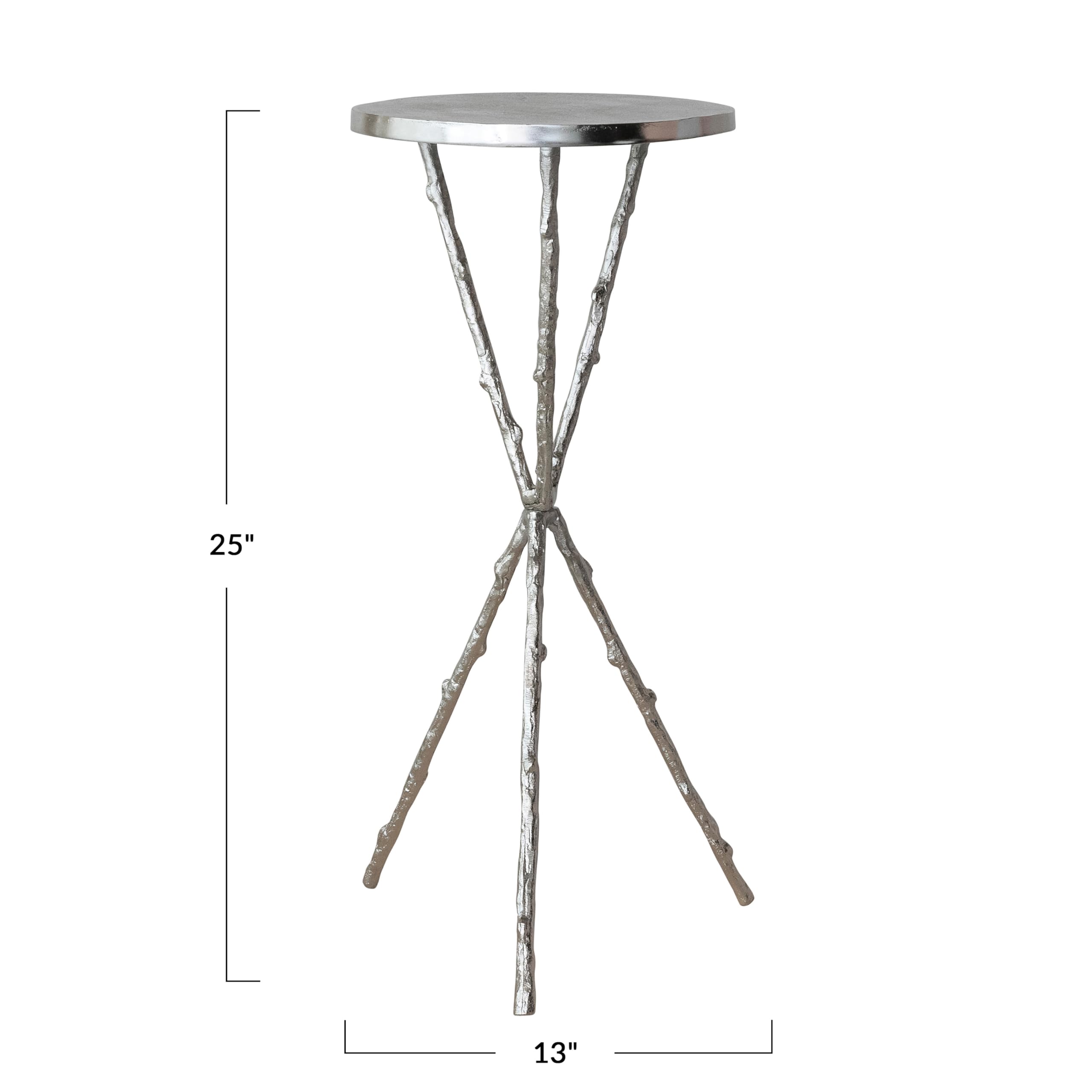 Creative Co-Op Round Aluminum Tripod Accent Table with Twig-Shaped Legs, Nickel Finish