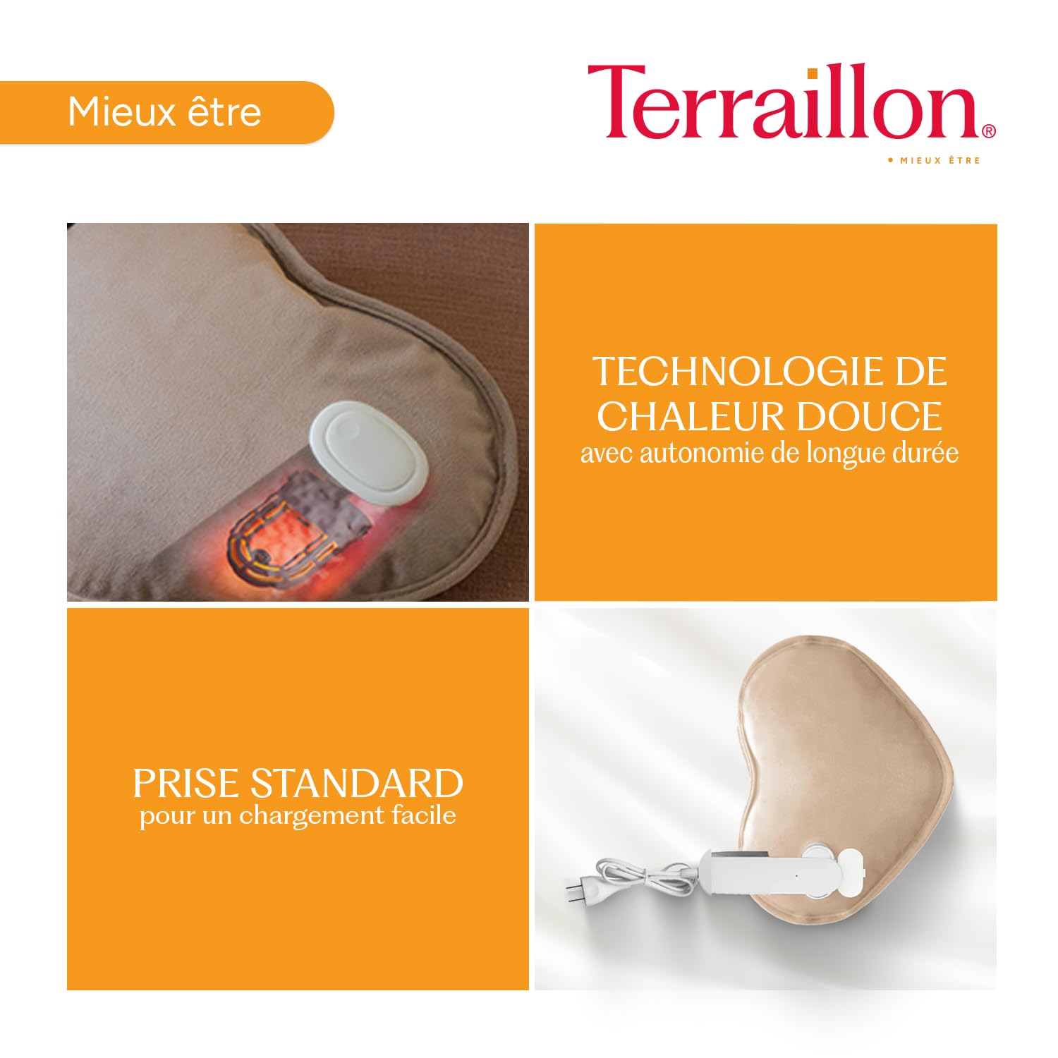 TERRAILLON - WITH LOVE, Bouillotte électrique, finition velours, Chargement rapide 8-12 min, Jusqu'à 6h de chaleur, Soulager les douleurs musculaires-menstruelles-articulaires, Rose beige