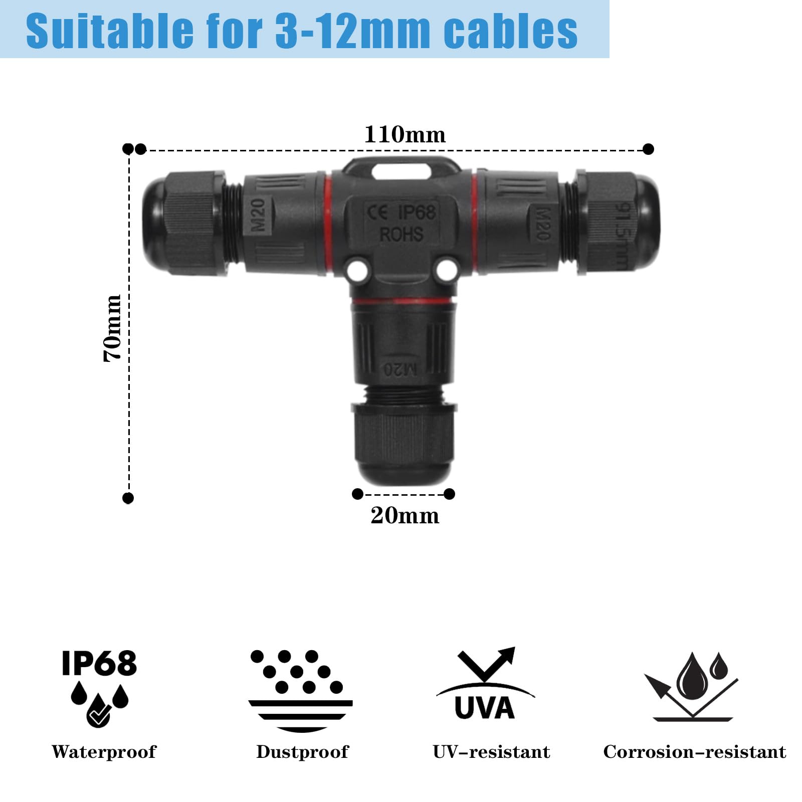 3 Pièces Connecteur Electrique Etanche, Connecteurs de Câbles Étanches IP68 Extérieur T Connecteur Câbles 3 Voies Ø 3-12 mm, Boite de Jonction Etanche