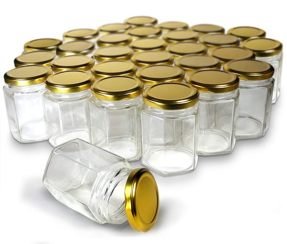 SKGREEN (250 ml Hexagon Glass Jar and Container with Golden lid,Rust Proof Air Tight Lid,Suitable to use in Your Home Office,Kitchen Storage/Glass Jars Set (Set of 12) (B099SBQVPL) Amazon Price History, Amazon Price Tracker