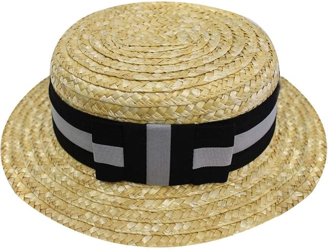 ST TRINIANS STRAW BOATER SCHOOL GIRL HAT SUMMER FANCY DRESS COSTUME ACCESSORY WITH BLACK/SILVER BAND & BOW