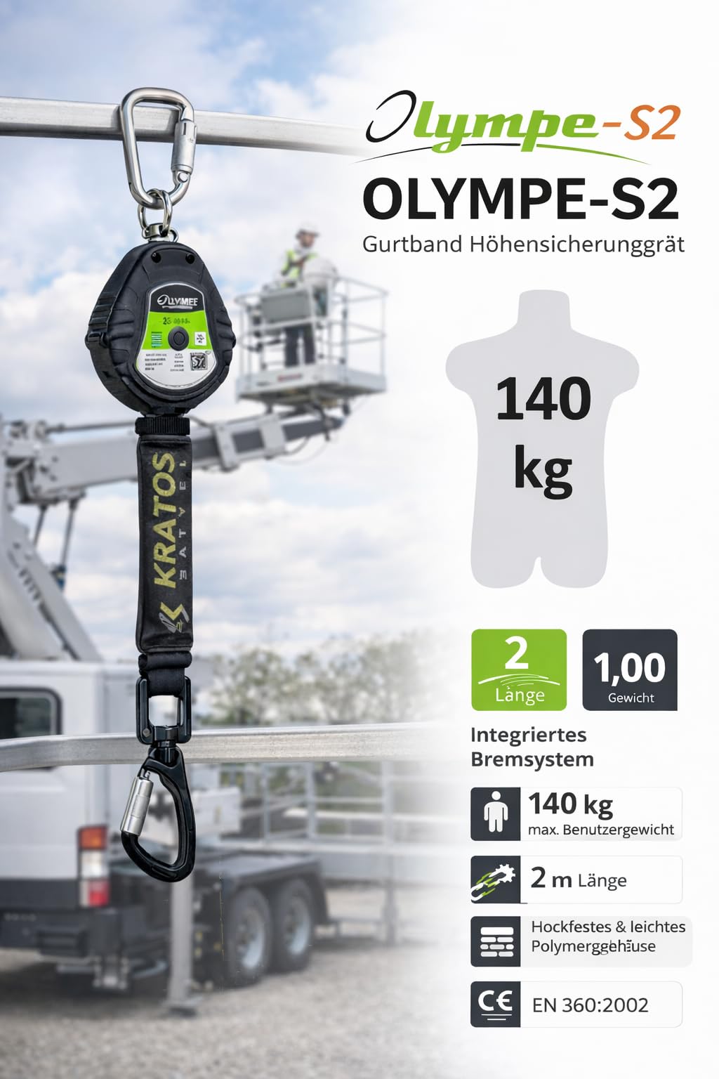 KRATOS SAFETY - Olympe-S2, Antichute à Rappel Automatique avec Sangle LG. 2m - 119-FA2050202
