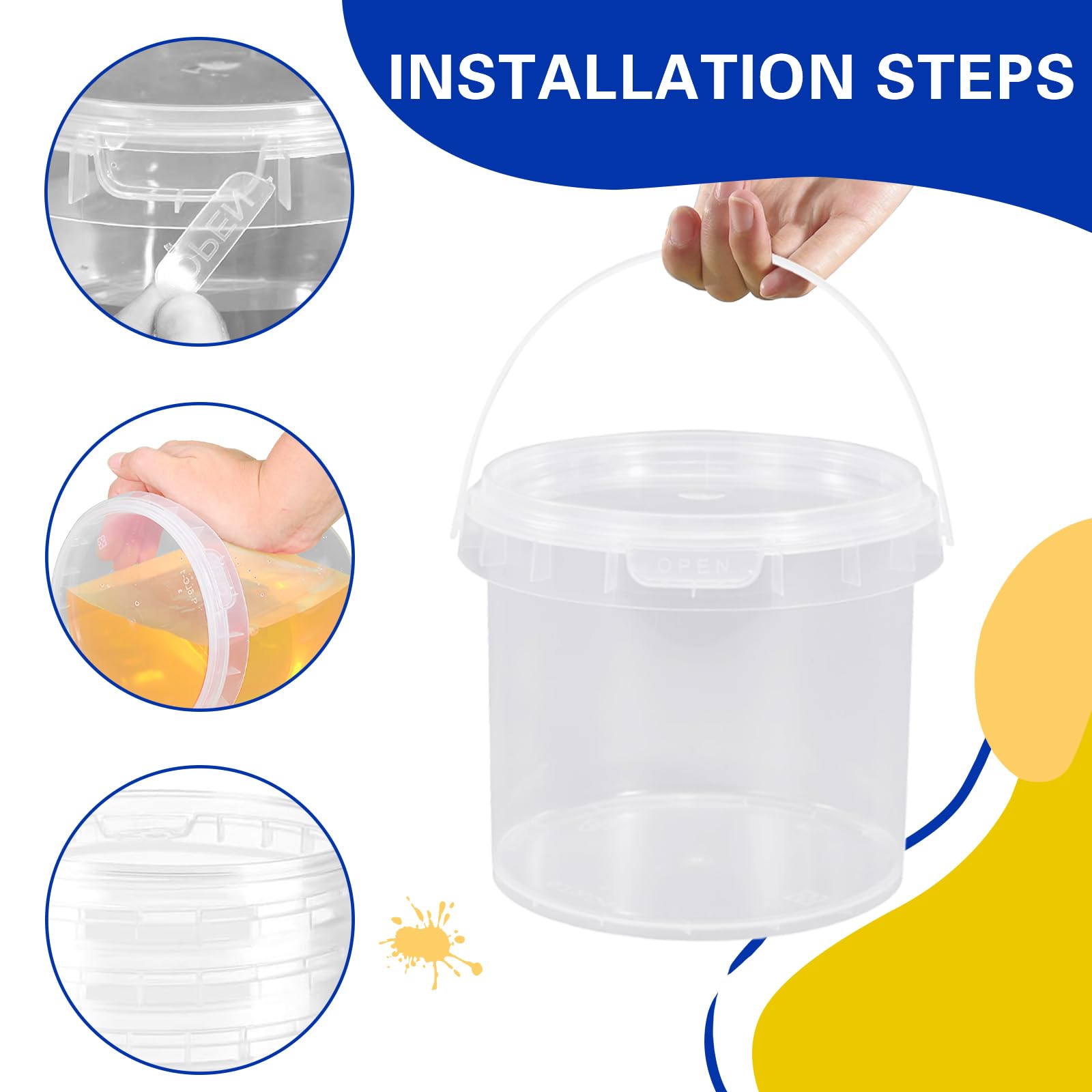 6 Pièces Seau Transparent avec Couvercle,1,5 L Seau de Peinture avec Poignée Récipient en Plastique pour Le Stockage des Résidus de Peinture, de Pigments et de Vernis