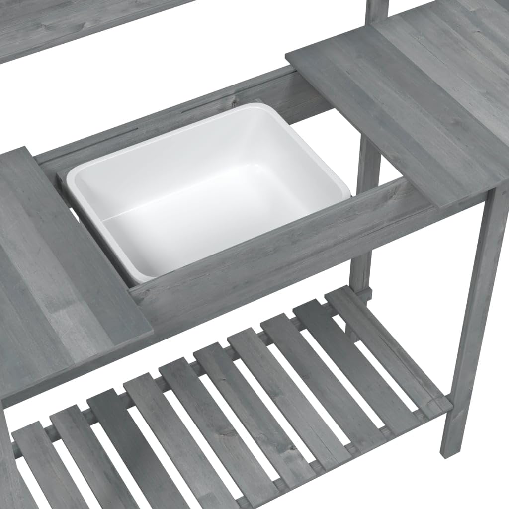 vidaXL Mesa para macetas con Fregadero Abeto Gris 147,5x44x139,5 cm, Mesa de plantación, Banco para macetas, Banco para macetas al Aire Libre