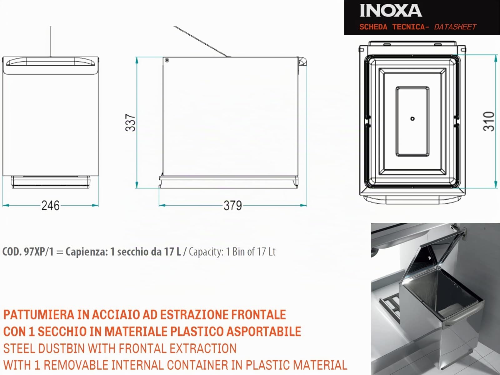 Pattumiera Estraibile Inoxa 97XP/1 in Acciaio a 1 Secchio da 17 Lt con Coperchio