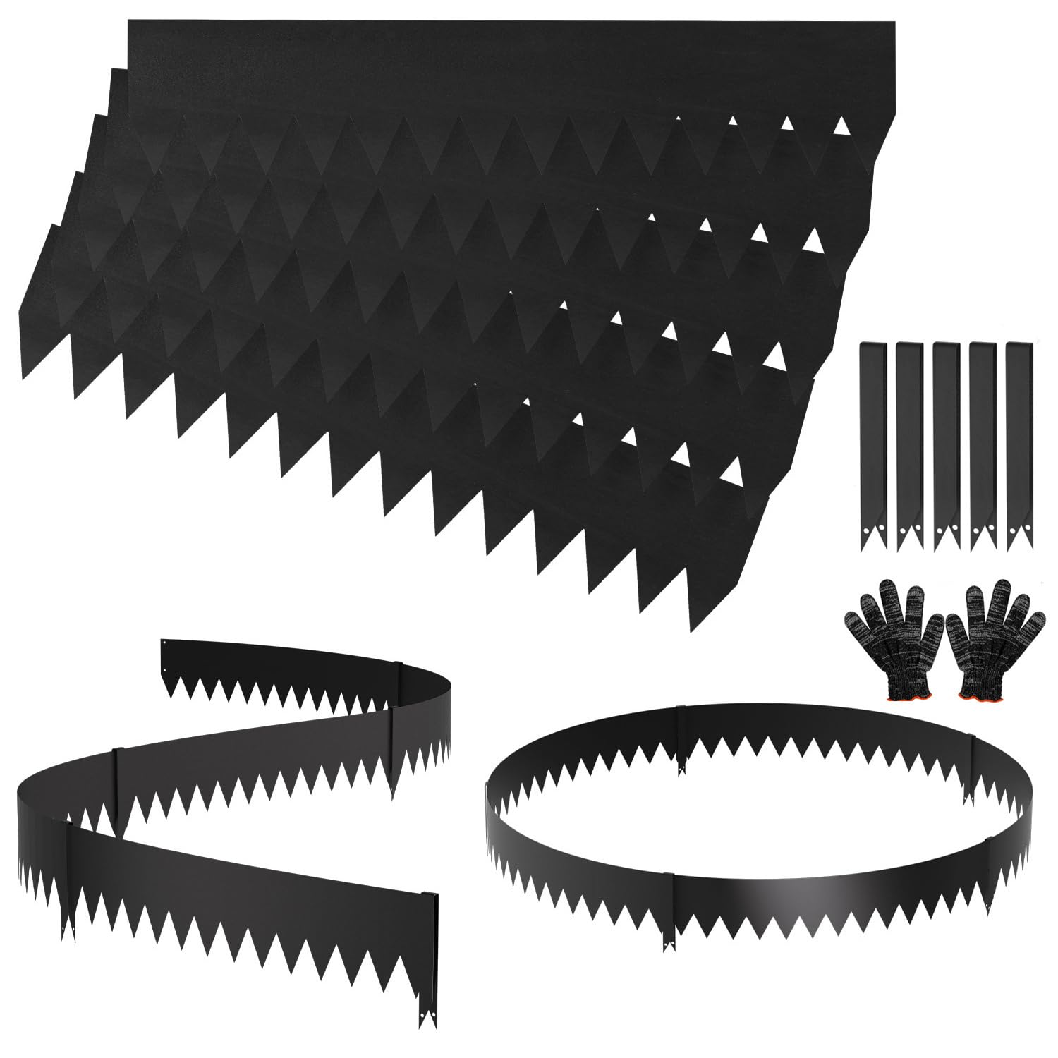 Obrzeże trawnikowe metalowe, 100 x 20 cm, krawędzie trawnika z ostrymi zębami piły, elastyczne obramowanie rabatki z klipsami i rękawiczkami, czarne, 30 sztuk (długość 30 m – wysokość 20 cm)