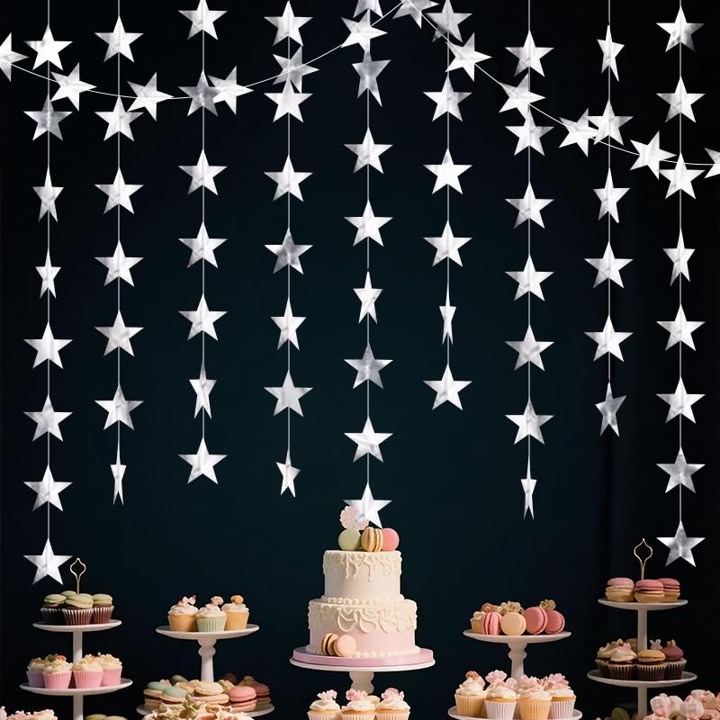 Image of Silver Shining Star Hanging Garland Silver Hanging Sparkling Star Streamer Glitter Bunting Banner Twinkle Backdrop for Wedding Baby Shower Birthday Christmas Decorations 40 Feet