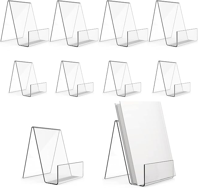 Dicunoy 10PCS Acrylic Book Display Stand, Clear Books Display Easels, Tabletop Art Display Stand Holder for Picture Album, Brochure, Paperbacks on Shelves, Classroom, Library 10x10x15cm, 7.5x9x10cm