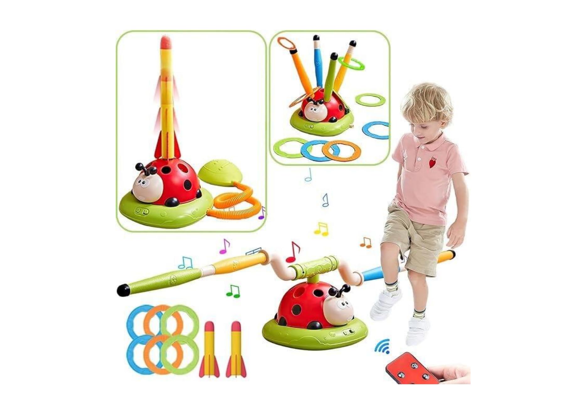 3 in 1 Musical Jump, Toss Ring Game Toy and Stomping Launch Rocket Launcher for Kids Outdoor Toys with Remote Control, Indoor Outside Toys for Kids Ages 4-8 Toys for Ages 5-7 8-13 Kids Gifts