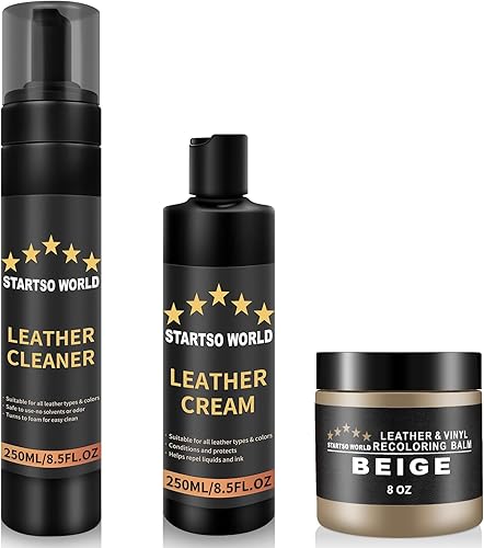 STARTSO WORLD Kit de restauración de cuero Incluye bálsamo para colorear cuero, limpiador de cuero, crema protectora Restaura y reparaciones (beige)
