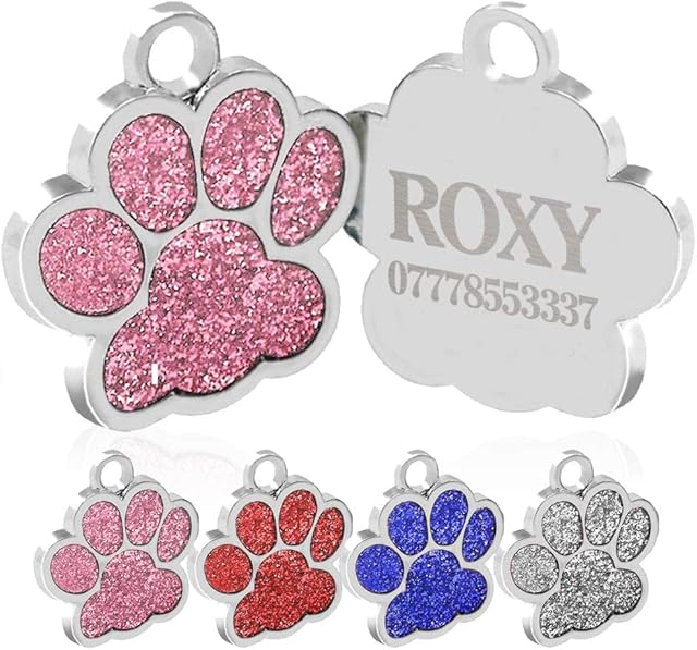 howson london PERSONALISED Engraved Dog Tag Cat ID Tags Zinc Alloy 25mm Glitter Bling Paw Print Tag ID Tags Pretty Gift For Your Pets Hand Finished in UK