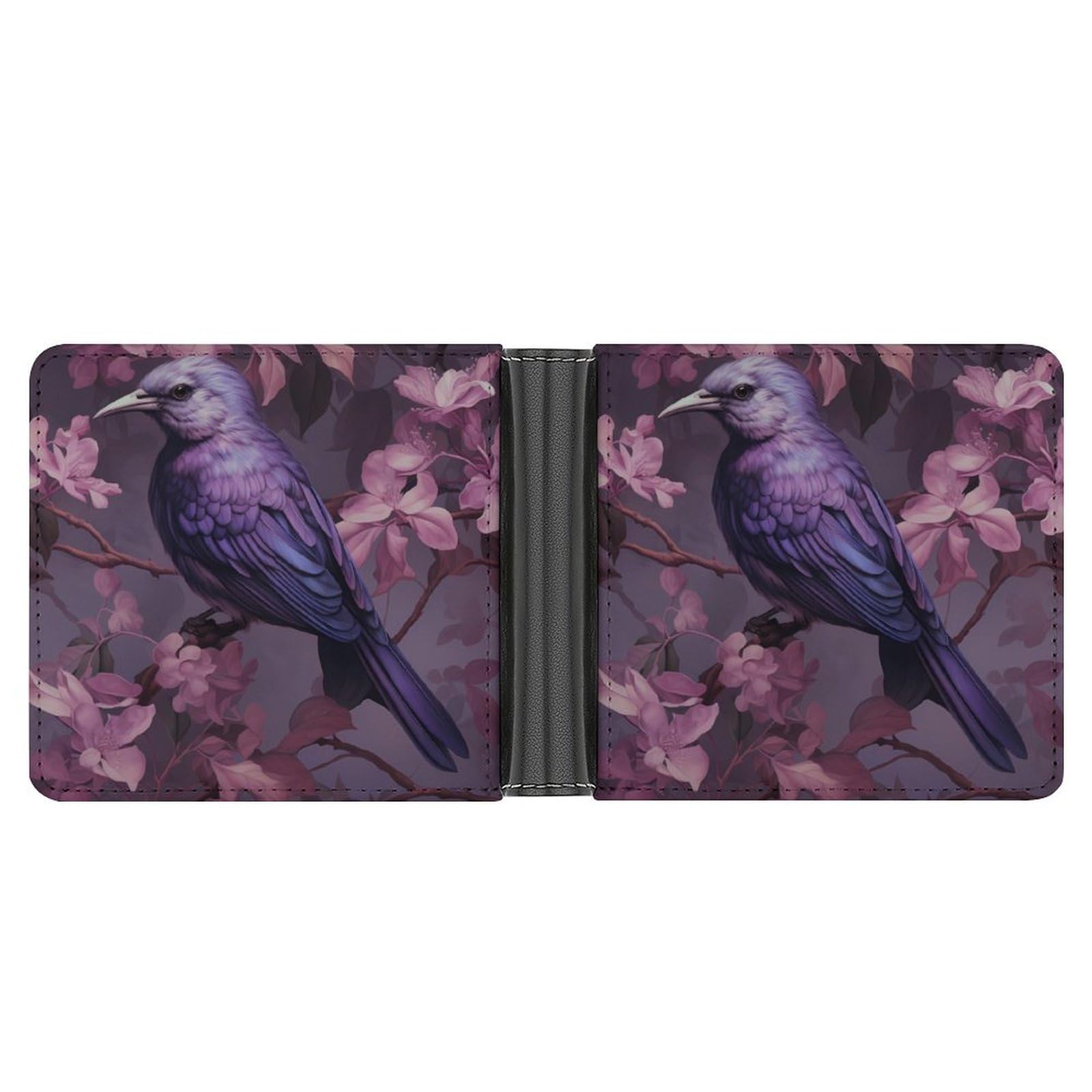 Bird in Purple Flowers Bifold Wallet PU Leather Coin Purse Lightweight Credit Card Holder Wallet Money Clip