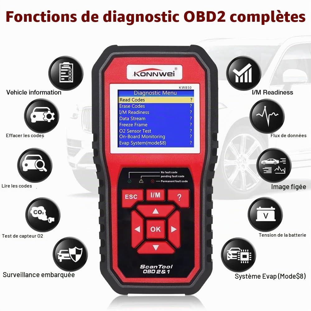 KONNWEI KW850 OBD2 Diagnostic Auto Valise Voiture,OBD Diagnostique Français Auto Multimarque, Lecteur de Code d'erreur de Moteur, Valise Effacer Defaut Voiture pour BMW Peugeot VW Véhicules