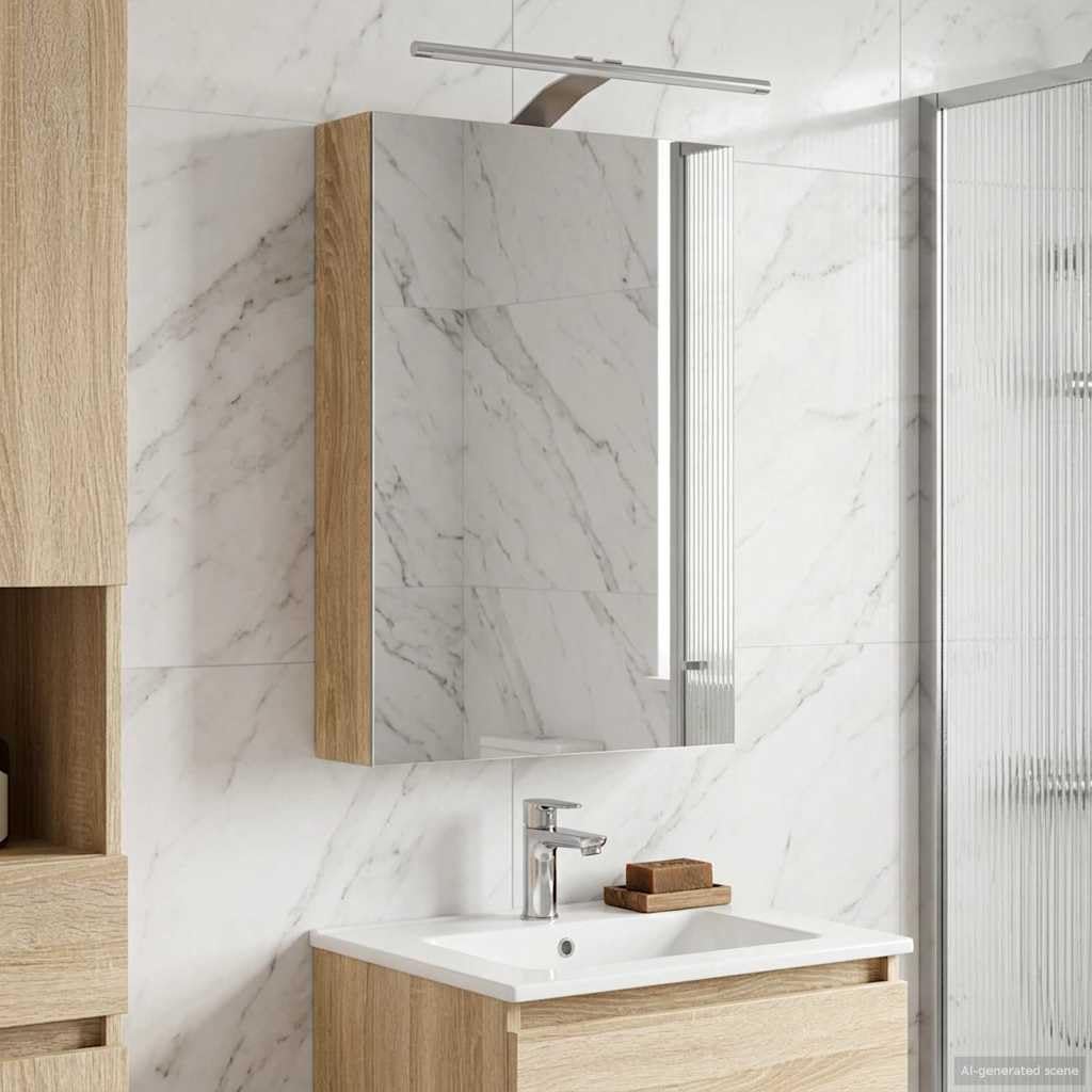 Szafka łazienkowa z lustrem Sonoma dąb z paskami LED 40 x 10,5 x 60,5 cm, materiał drewnopochodny, montaż na ścianie, dwukierunkowe lustro, 2 półki, miejsce do przechowywania mebli