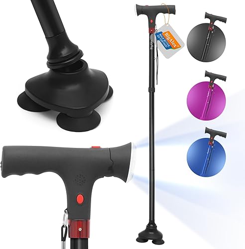BigAlex Bastón plegable con luz LED para ancianos con base triangular pivotante ajustable con alarma para hombremujer