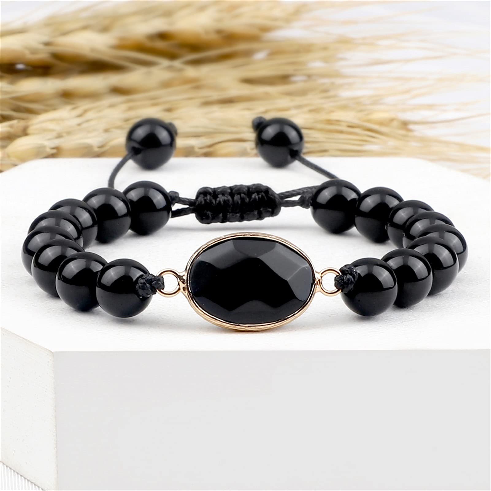 Naturstein-Armband, schwarzes Obsidian-Stein-Armband, Naturstein, geometrischer Anhänger, Herren-Perlenarmbänder für Frauen, Yoga-Armreifen, Handgelenk-Schmuck, Armband-Schmuck