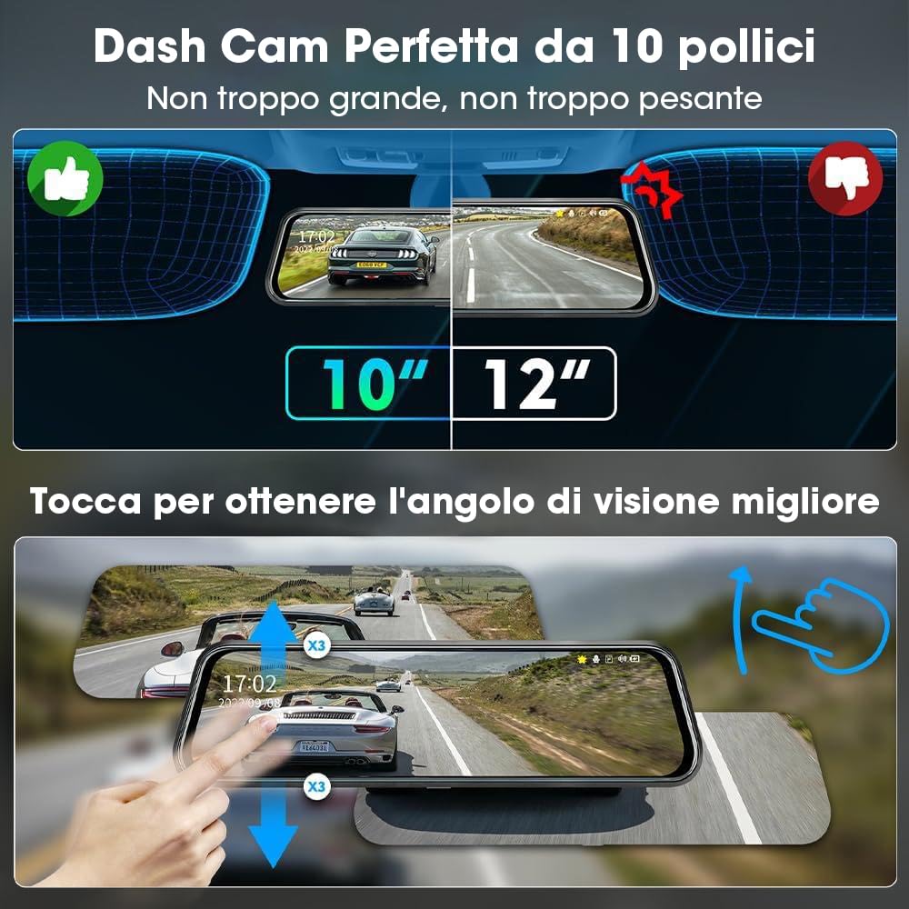 【Neue Version】Jansite Specchio Retrovisore Auto 10 pollici Touchscreen, Posteriore e anteriore 1080P Mirror Dash Cam Specchietto Retrovisore con Cavi da 10m, Visione notturna grandangolare 170°