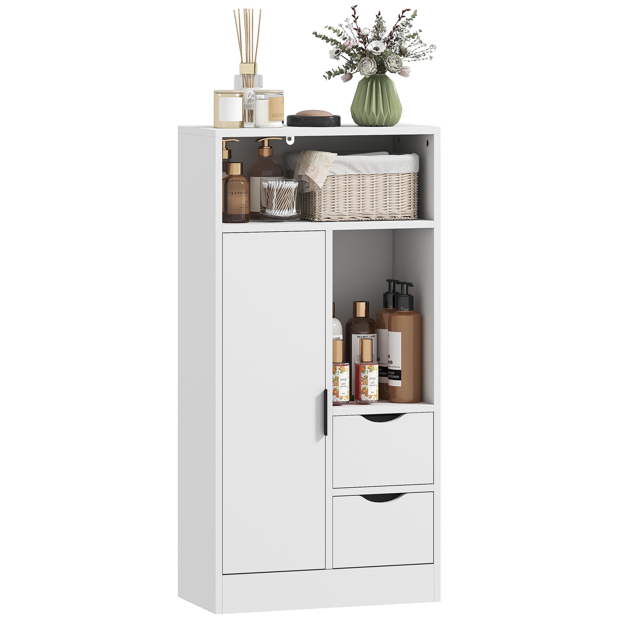 HOMCOM Meuble de Salle de Bain, Meuble de Rangement étroit avec 2 tiroirs, Compartiments Ouverts, Placard et étagère réglable, Armoire Salle de Bain, Salon, Chambre, 50 x 25 x 100 cm, Blanc