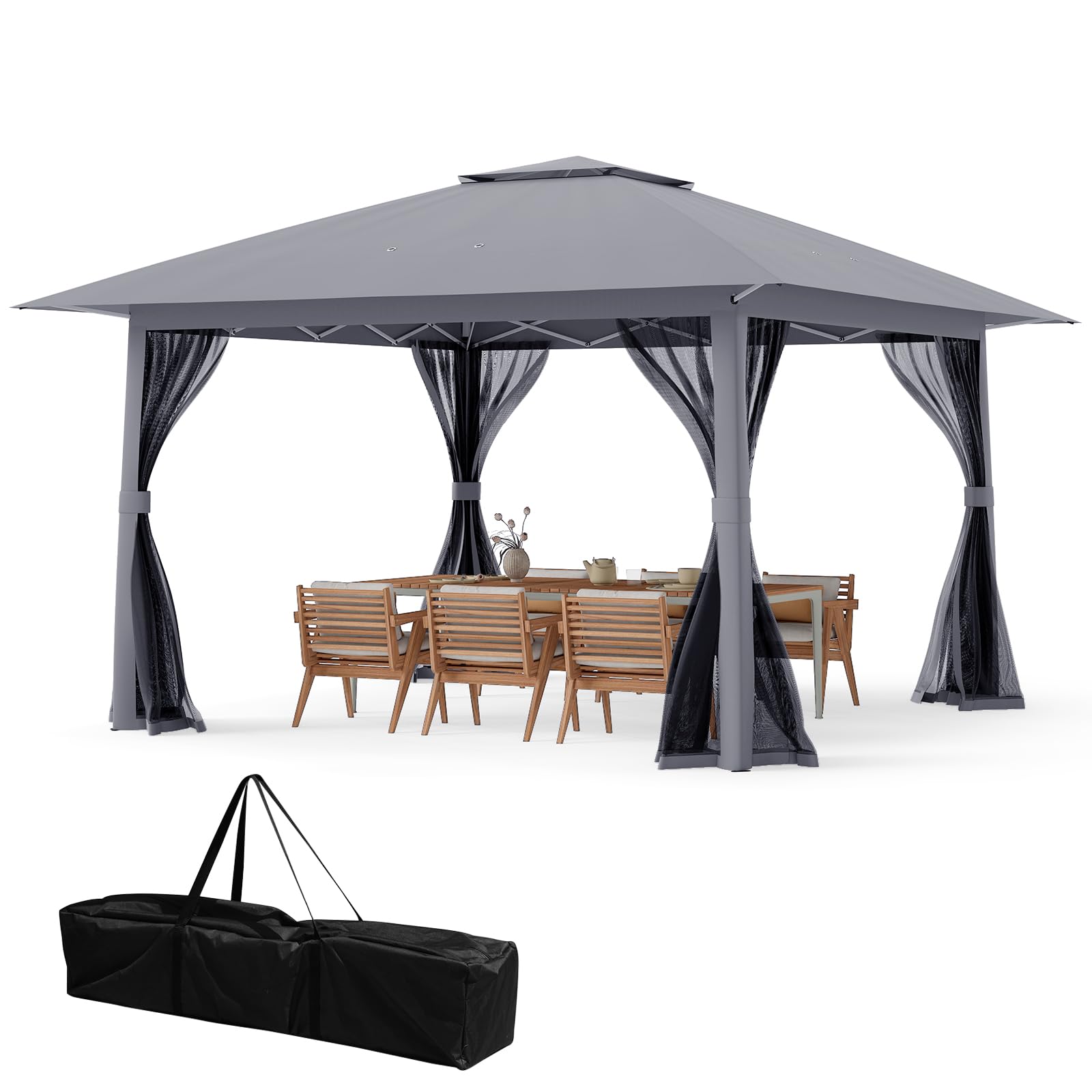 HOMASIS Gazebo con Zanzariera, Pergola 4x4 m Regolabile in Altezza, Gazebo Pieghevole e Impermeabile, Telaio in Metallo, Tenda da Esterno per Campeggio, Feste, Piscina, Grigio