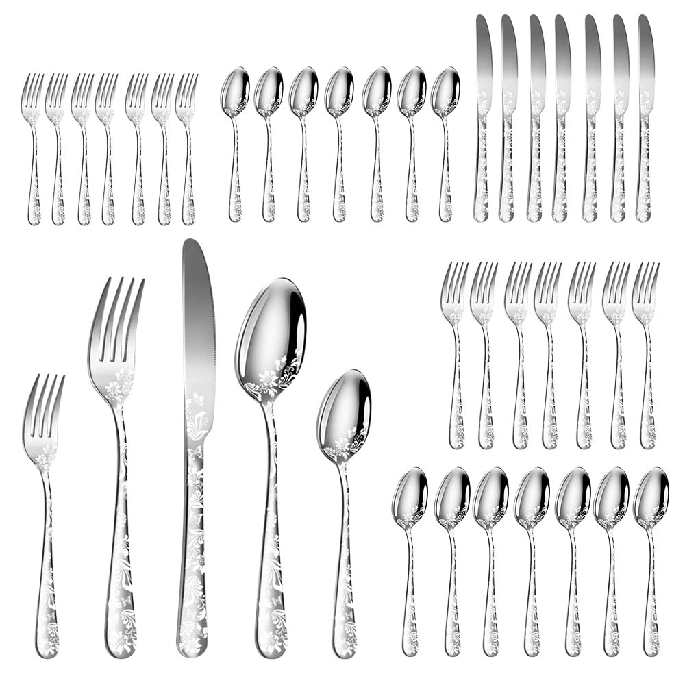 Juego de Cubiertos de 40 Piezas, Cubiertos de Acero Inoxidable con Hermoso Patrón para Uso Diario, Fiestas, Ligeros (SILVER)