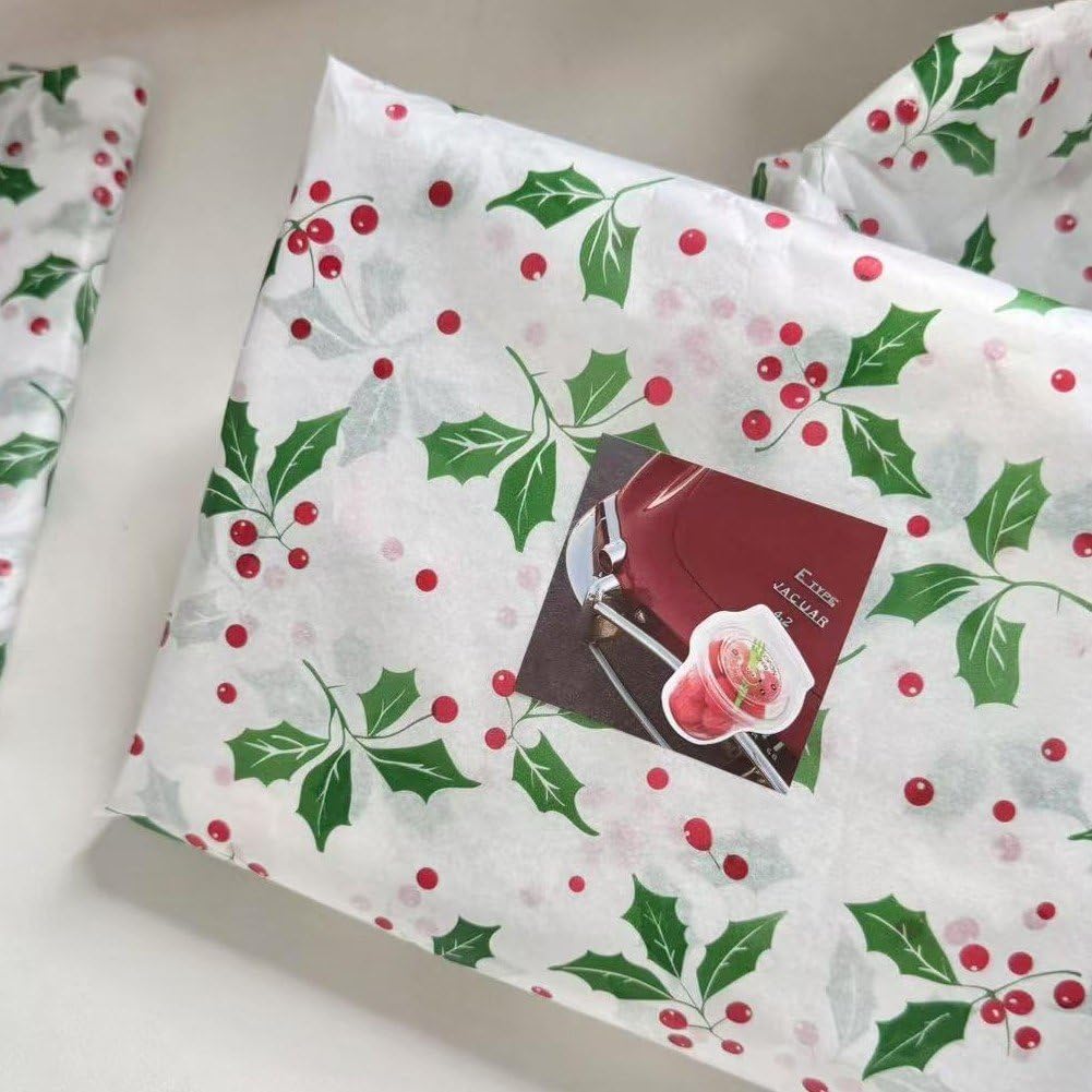Zghhc 10 arkuszy papieru z zielonymi liśćmi, Boże Narodzenie, botaniczny papier do pakowania liści na Nowy Rok, święta, prezenty do pakowania