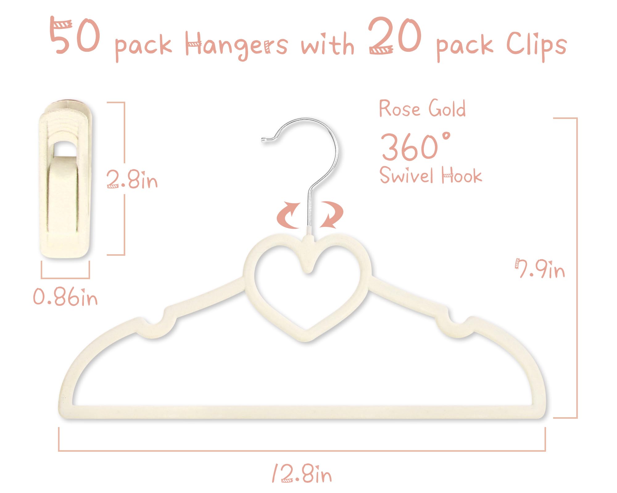 Perchas de terciopelo beige con forma de corazón para bebé, paquete de 50 perchas para niños pequeños de 13 pulgadas con 20 clips, ultra delgadas y apilables para ahorrar espacio