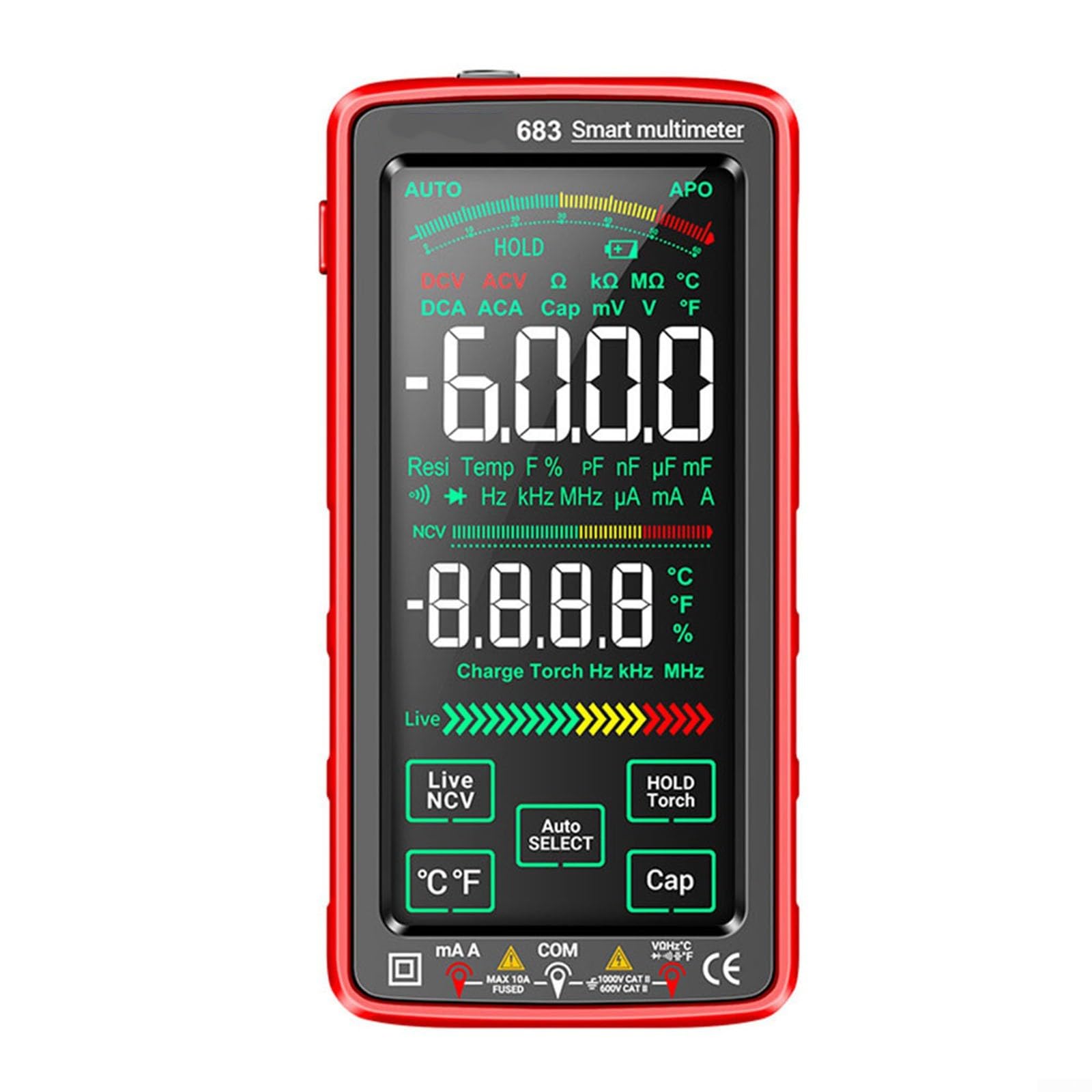 Multimetro digitale a schermo intero 683 con touch screen, 6000 conteggi, batteria ricaricabile USB al litio, tester di tensione senza contatto NCV torcia e cavi di prova in silicone per Ele