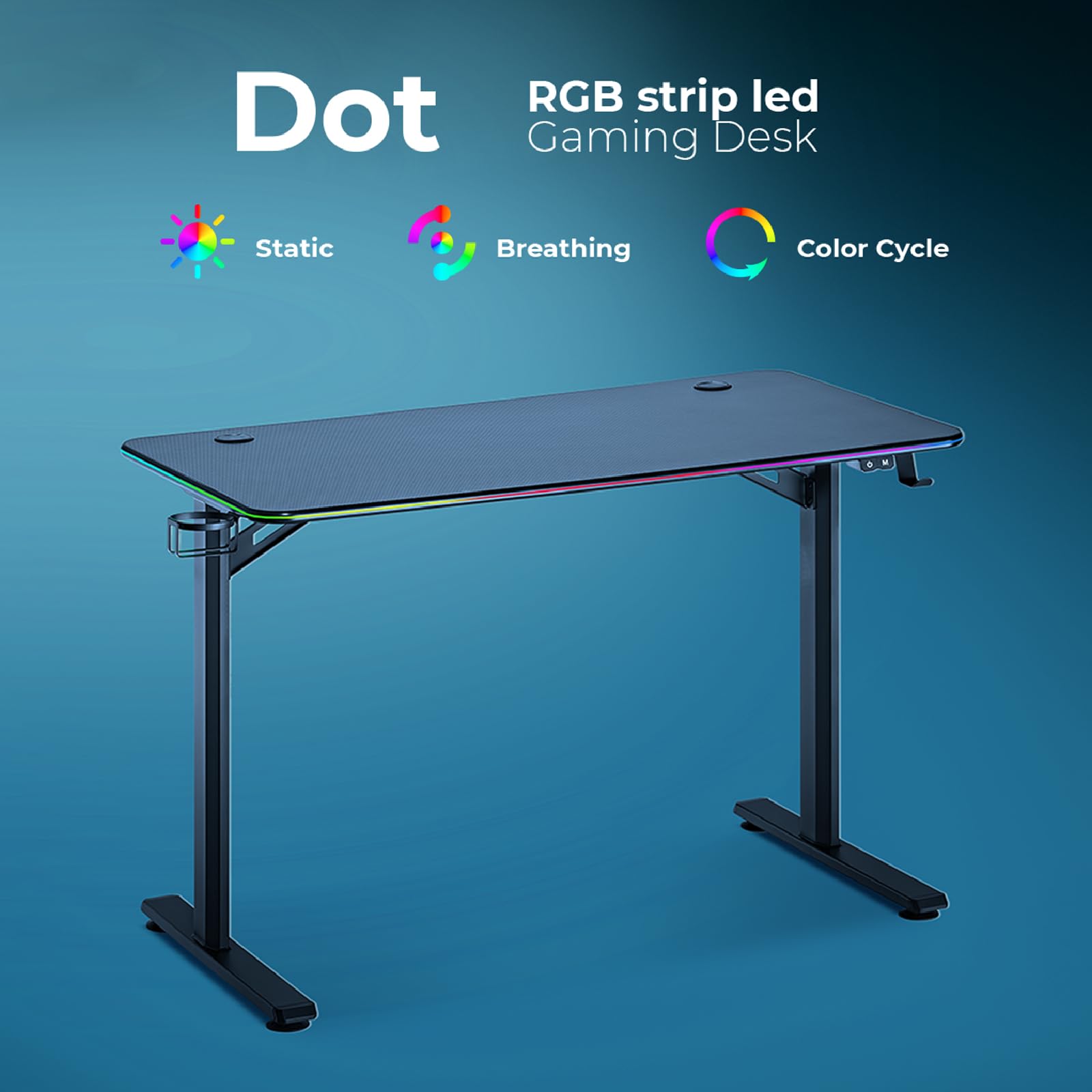 Noua Dot Scrivania Gaming RGB, Tavolo da Gioco Ergonomico, Postazione Gaming per PC Computer Monitor, Fori Passacavi, Portabicchieri e Gancio per Cuffie, 113x60x75 cm