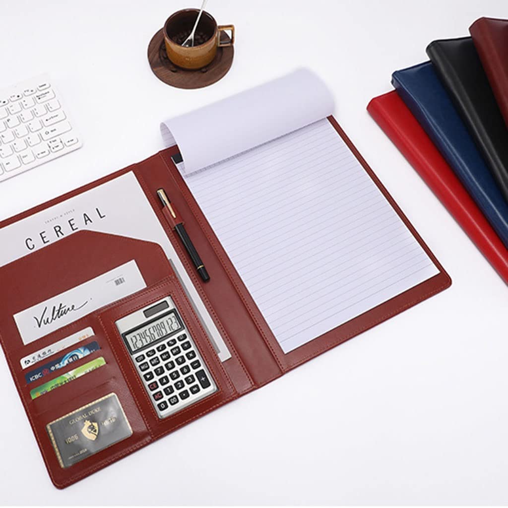 Cartella per appunti A4 Cartella per conferenze, Porta documenti ad anello, tasca multipla e blocco note for interviste e riunioni di organizzatori aziendali(Brown,12digit calculator)